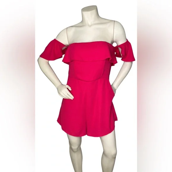 NWOT. SHINESTAR Pink Off Shoulder Flounce Sleeve Romper With Pockets - Picture 3 of 14